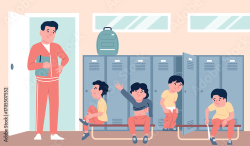 Kids locker room. Boys sport team changing clothes under supervision of trainer. Physical education in elementary school, gym workout for children recent vector scene