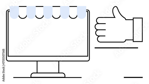 Computer monitor styled as a storefront paired with a thumbs-up symbol. Ideal for e-commerce, user feedback, online shopping, marketing, approval, branding, simple landing page