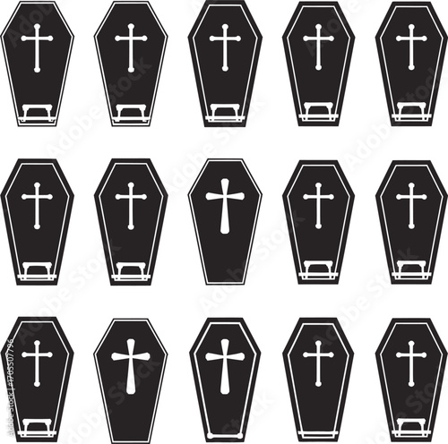 Vector art of collection of black coffins with crosses halloween decorations, gothic design elements, and spooky symbols for festive projects