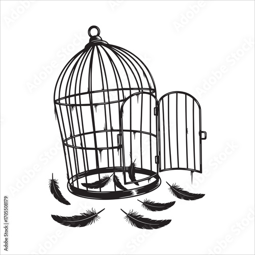Vector art of open birdcage with feathers on the ground