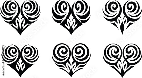 Tribal Heart Tattoo Vector Set, Abstract Love Symbol Silhouettes