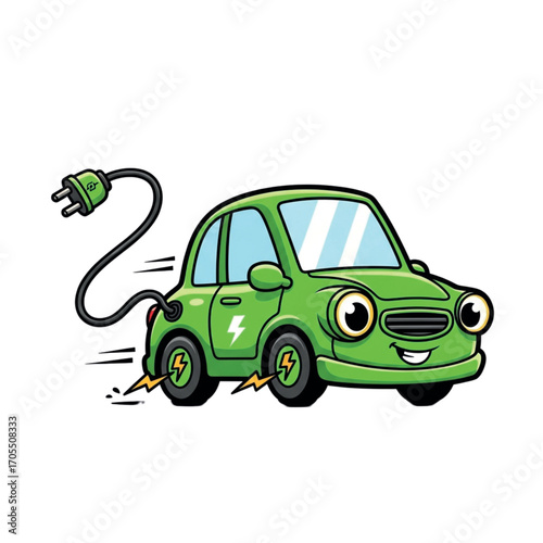 Cute Green Electric Car Character Charging.