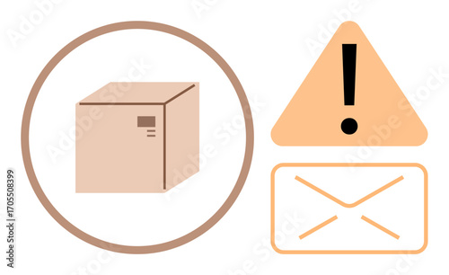 Box inside circle, triangle with exclamation mark, envelope icon. Ideal for shipping, logistics, delivery issues, alerts, notifications customer support communication. Simple flat metaphor