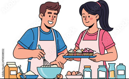 Happy couple baking cupcakes together, mixing batter, kitchen cooking activity, holding tray of cupcakes, homemade dessert preparation, teamwork, flat vector illustration