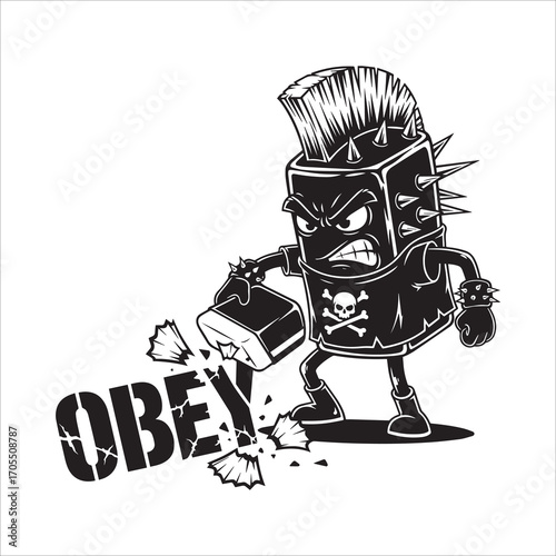 Vector art of punk brick character smashing obey sign