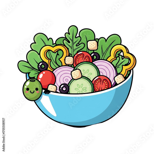 Cute Kawaii Salad Bowl with Happy Olive.