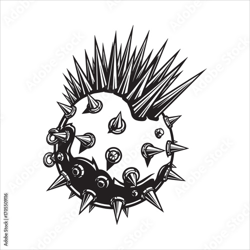 Illustration of a spiky virus in black and white
