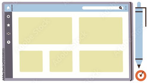 Tablet screen showcasing a layout grid with tabs and search bar, accompanied by a stylized pen. Ideal for design, creativity, planning, organization, technology, productivity education. Simple flat