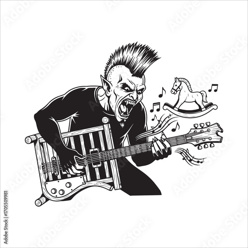 Vector art of punk rock vampire playing guitar made of crib