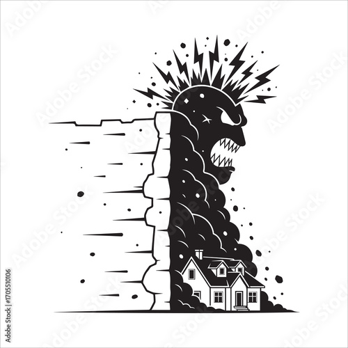 Vector art of evil shadow monster destroying a house