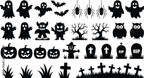 Halloween spooky silhouette icons including ghosts, bats, spiders, monsters, pumpkins, scarecrows, owls, trees, graves, crosses, grass, tombstones, creepy Halloween symbols