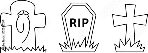 Halloween tombstones with RIP inscription, cross grave marker, ghostly tombstone design, spooky cemetery, Halloween graveyard line art \