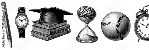 Time, education, and knowledge depicted in a grayscale ink drawing.  A pen, wristwatch, graduation cap atop books, a brain, hourglass, baseball, and alarm clock