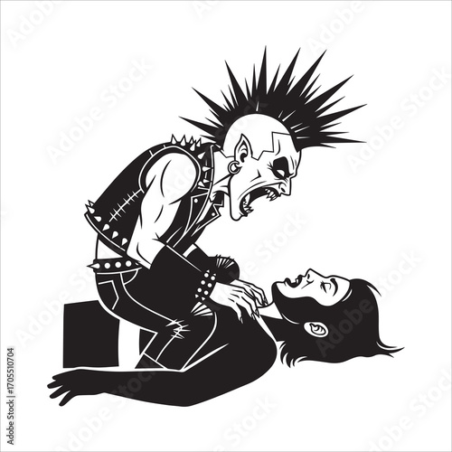 Vector art of punk rocker attacking a person in black and white