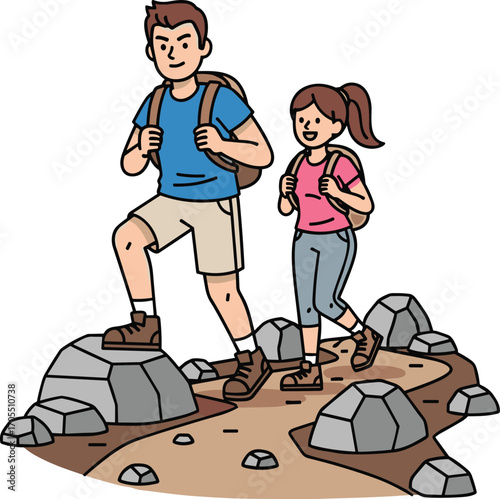 Young couple hiking on rocky trail, outdoor adventure with backpacks, trekking nature path, exploring wilderness, active lifestyle flat vector illustration