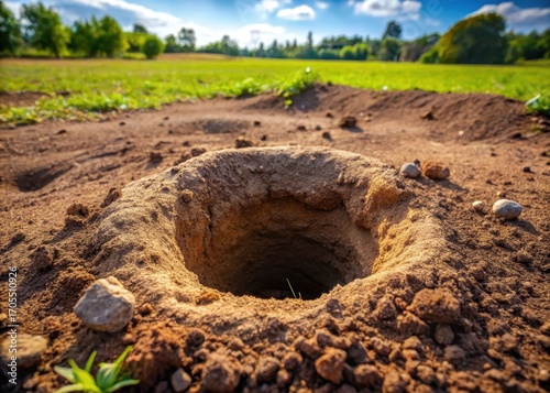 A freshly dug gopher hole in the ground with exposed dirt and earth surrounding it