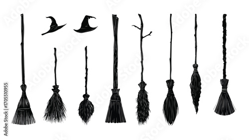 Witch Brooms Vector Silhouette Illustration Set