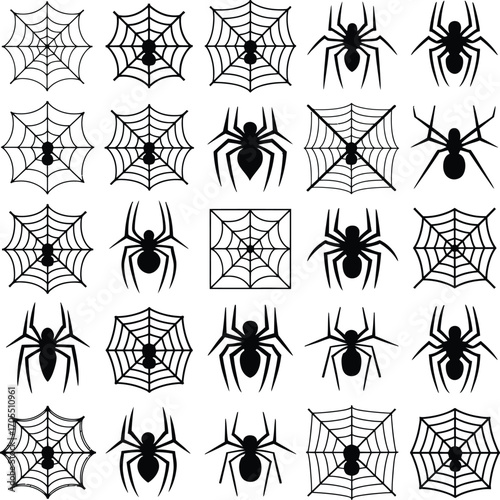 Vector art of collection of spider and web silhouettes, perfect for halloween designs, spooky themes, and creative projects with arachnid elements