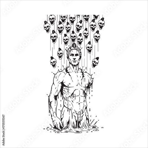 Vector art of a man under skulls, tattoo illustration design