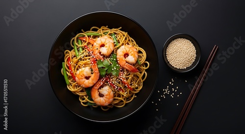Delicious Shrimp Noodles with Vegetables.