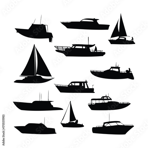 Silhouettes of Various Boats and Yachts