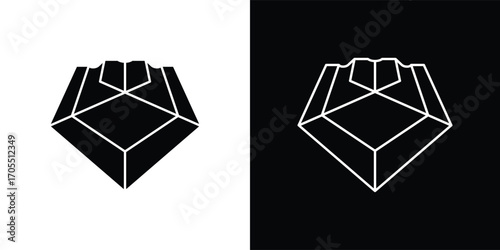 A modern shield-shaped vector illustration icon with a minimalist geometric style. This design features a symmetrical shape resembling a flower or abstract symbol, available in both solid and outline 