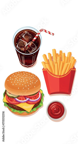 Delicious Burger Fries and Soda Combo Meal.