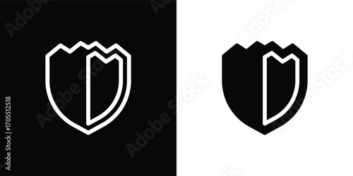 A modern shield-shaped vector illustration icon with a minimalist geometric style. This design features a symmetrical shape resembling a flower or abstract symbol, available in both solid and outline 