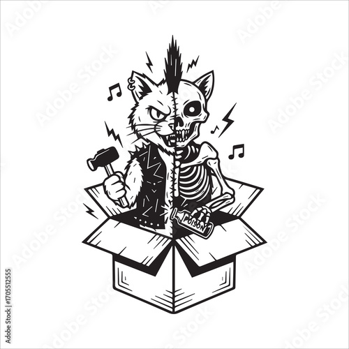 Vector art of punk rock cat skeleton in a box with hammer