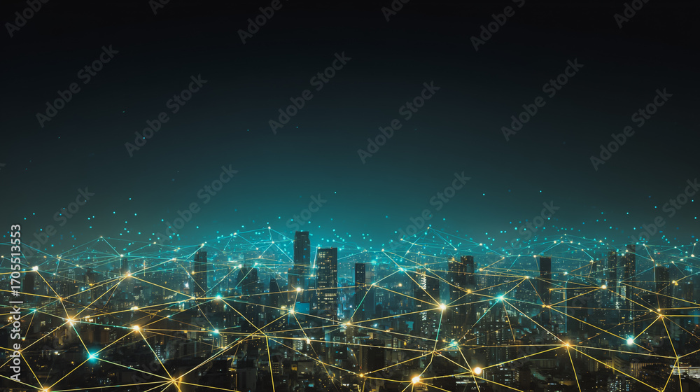 Fototapeta premium Night lights, a city of modern business and smart digital innovation with a network of interconnected rewards over the cityscape of the future smart wireless digital city and social media network 