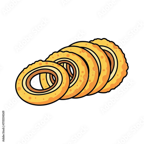 Delicious golden onion rings stacked in a row.