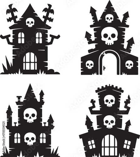 Four Black Silhouette Haunted Houses With Skulls And Spooky Elements scary Halloween