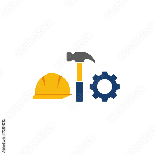 Collection of construction and engineering icons with a hard hat, hammer, and gear for industrial design