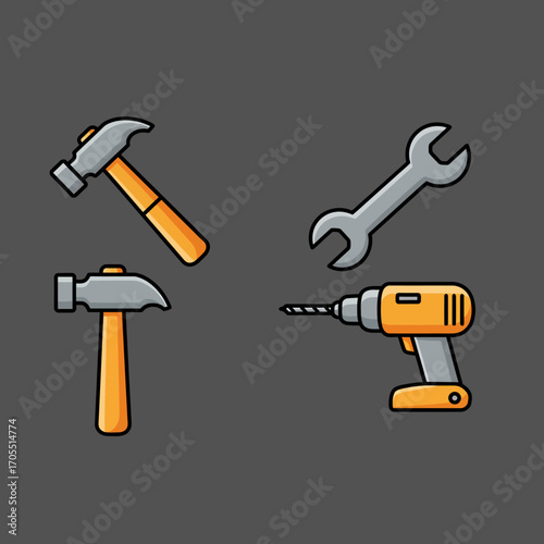 Essential Tools Hammers, Wrench, and Drill - Repair and Construction Icons