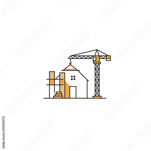 Outline illustration depicting the active construction process of a new residential house