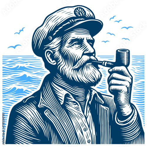 old sea captain with a beard and hat, smoking a pipe while standing by the ocean sketch engraving generative ai fictional character vector illustration. Scratch board imitation. 