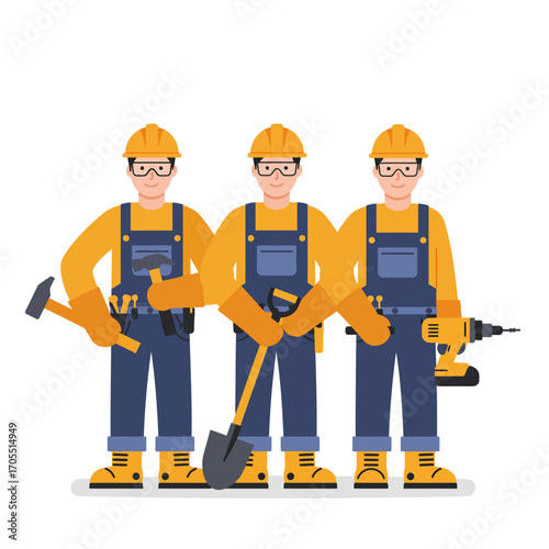 Team of professional builders in uniform with construction tools ready for renovation work