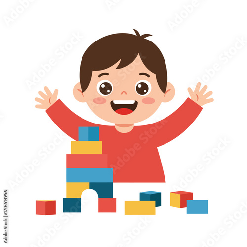 Happy cartoon boy building a tower with colorful blocks, early childhood development concept