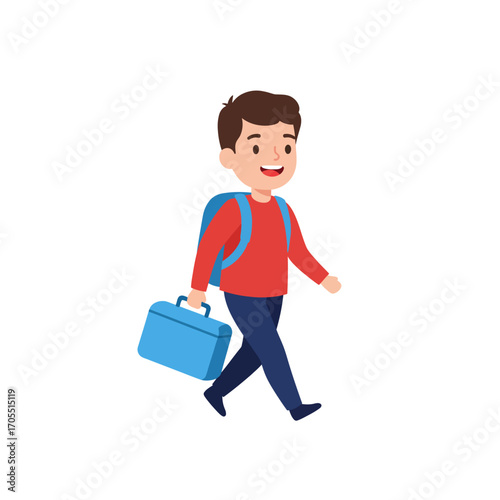 Happy little boy student walking to school with a backpack and a briefcase. Cute character design