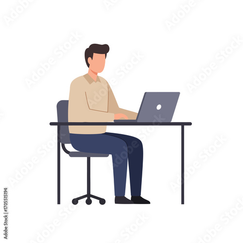 Flat vector illustration of a man sitting at his desk and typing on a laptop computer. Business professional concept