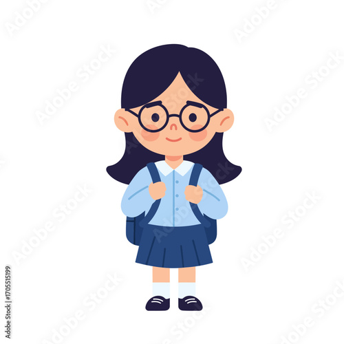 Cute cartoon schoolgirl character with glasses and a backpack ready for school