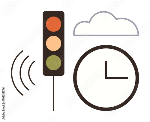 Traffic signal with sound waves, analog clock, and cloud depicting time management, weather, communication, urban planning. Ideal for transportation, technology, scheduling signal systems