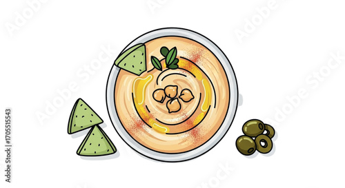 Delicious Hummus Dip with Pita Chips and Olives.
