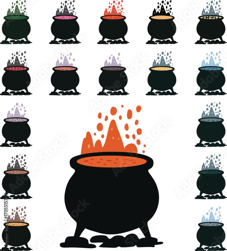 Vector art of collection of witch cauldrons with bubbling potion in various colors, a magical halloween design for backgrounds and wallpapers