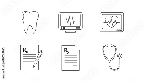 Minimalist medical line icons set, professional healthcare symbols for hospital apps, 6 black and white vector elements for dental and cardiology clinics