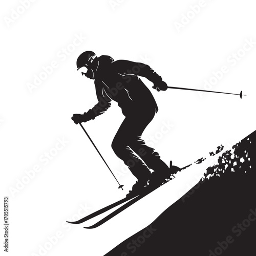 Black skiing Silhouette Vector, High Quality Illustration on White Background