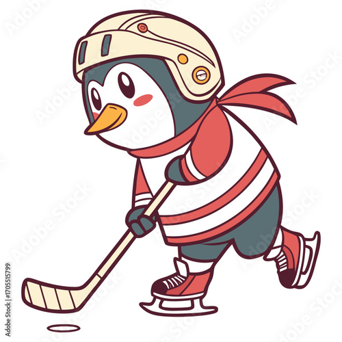 Adorable Cartoon Penguin Playing Ice Hockey Illustration 