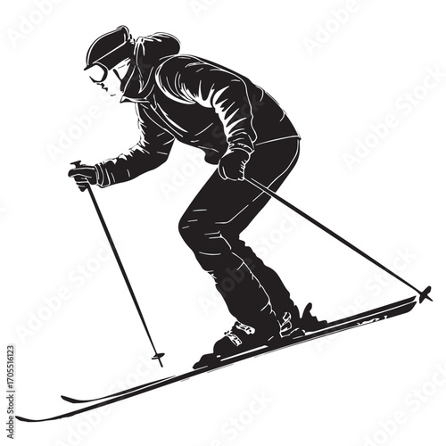 Black skiing Silhouette Vector, High Quality Illustration on White Background