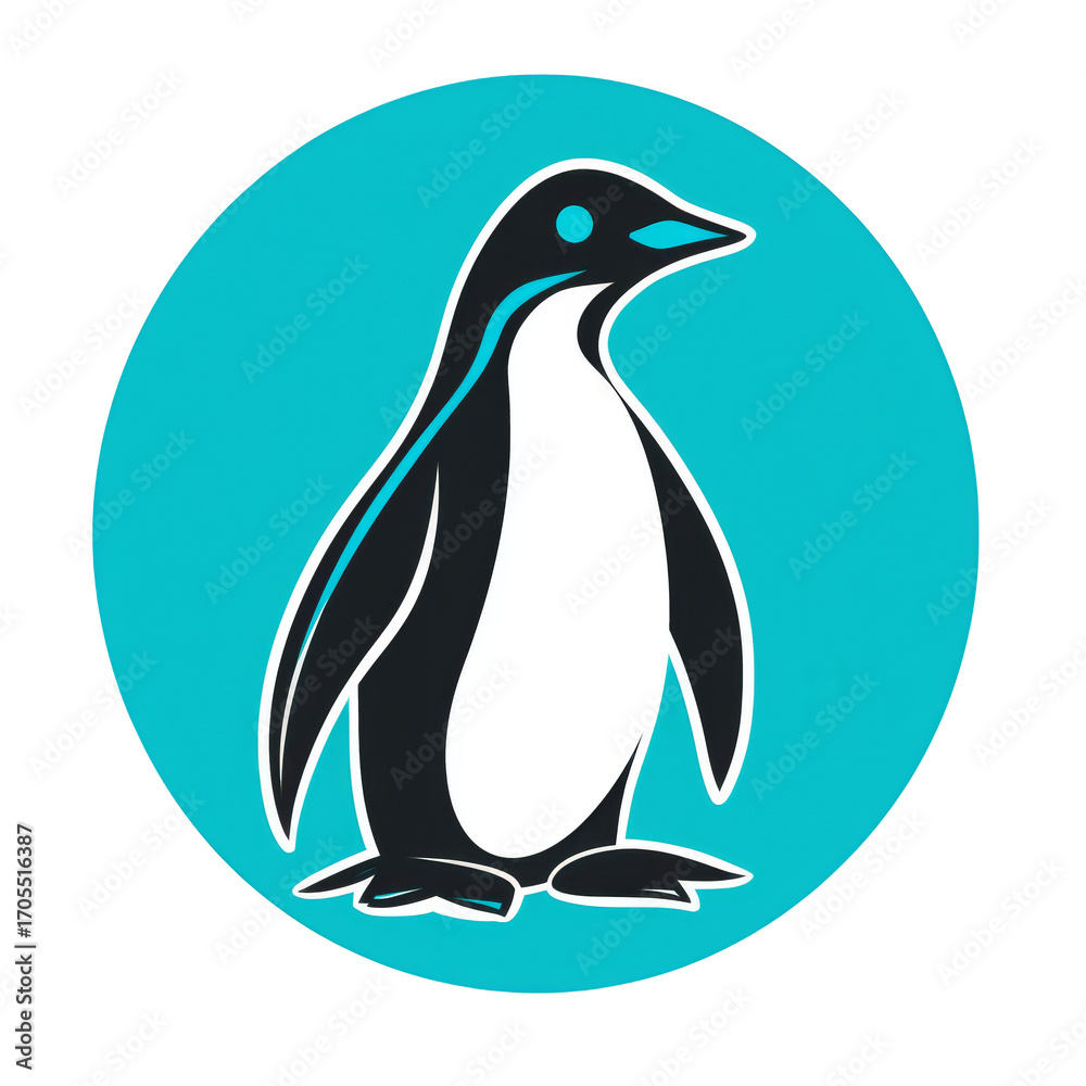 Obraz premium Cute penguin illustration on turquoise circle background expressing playful charm