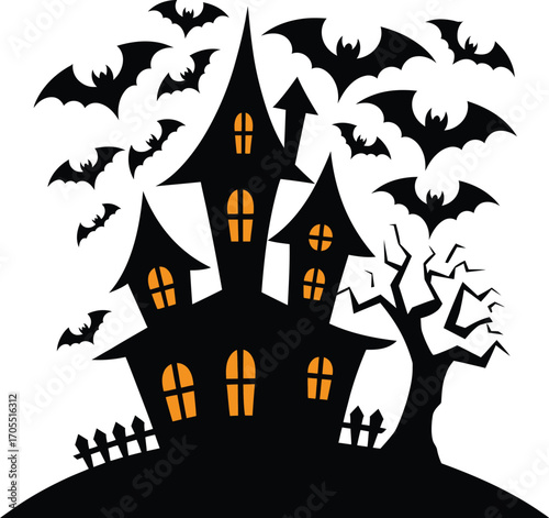 Vector art of eerie haunted house silhouette with bats, ideal for halloween designs, spooky invitations, or ghostly themed projects